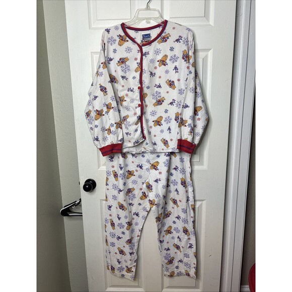 Pooh Vintage Large Winter Pajama Set 100 Percent Cotton Red Trim Disney Sleep - Picture 1 of 8